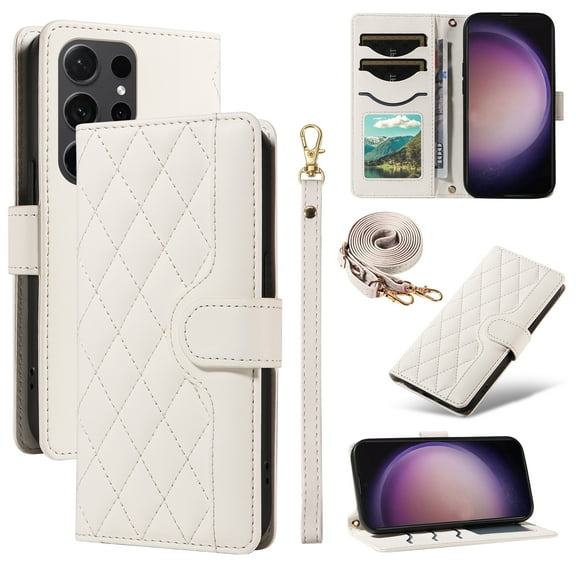 Dteck Wallet Case for Samsung Galaxy S21 Plus with Wrist Strap Shoulder Strap, Shockproof Magnetic Multiple Card Slots Purse PU Leather Stand Phone Cover, White