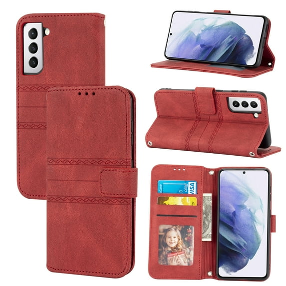 Dteck Wallet Case for Samsung Galaxy S21,Shockproof Full Protection Premium PU Leather Flip Card Slots Magnetic Folio Folding Kickstand Phone Cover with Wrist Strap,Red