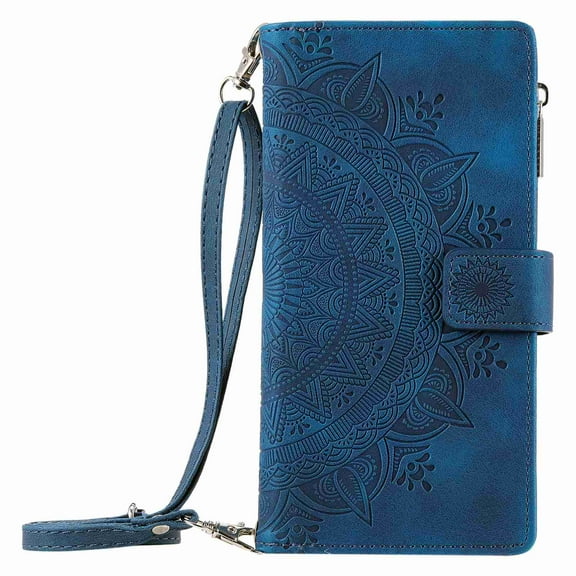 Dteck Wallet Case for Samsung Galaxy S21 Ultra, Embossed Floral Case Crossbody Strap for Women & Men Magnetic Closure Wallet Card Holder Flip Stand Shockproof Protective Cover, blue