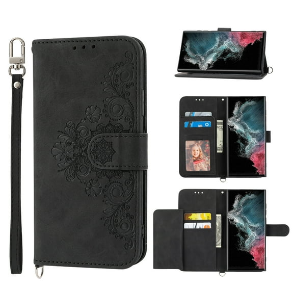 Dteck Wallet Case for Samsung Galaxy S21 Ultra Embossed PU Leather Cover Removable Adjustable Shoulder Neck Strap Lanyard Phone Case with Card Holder, black