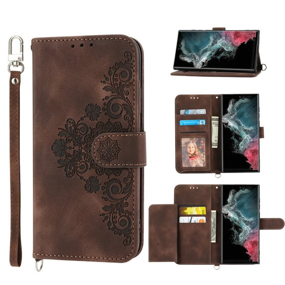 Dteck Wallet Case for Samsung Galaxy S21 Ultra Embossed PU Leather Cover Removable Adjustable Shoulder Neck Strap Lanyard Phone Case with Card Holder, brown