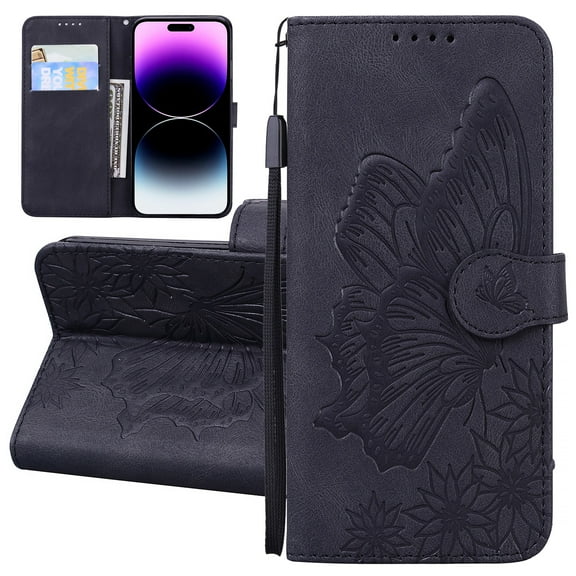 Dteck Wallet Case for Samsung Galaxy S22 Plus, Women Butterfly Embossed PU Leather Stand Card Slots Wrist Strap Flip Folio Cover for Samsung Galaxy S22+/S22 Plus,Black