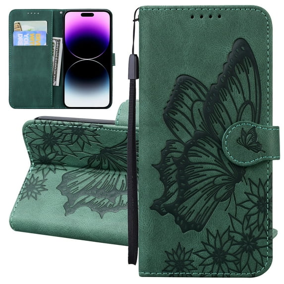 Dteck Wallet Case for Samsung Galaxy S22, Women Butterfly Embossed PU Leather Stand Card Slots Wrist Strap Flip Folio Cover for Samsung Galaxy S22,Green