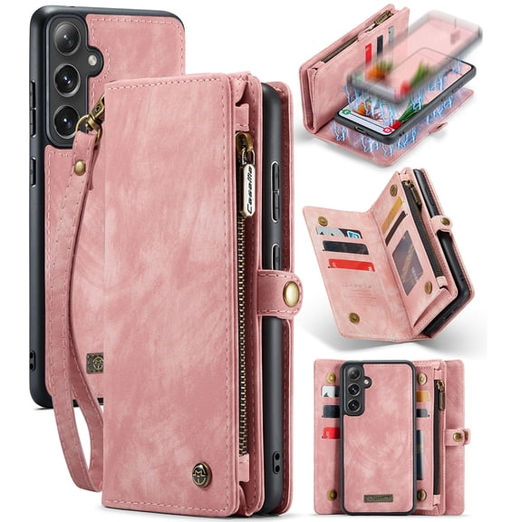 Dteck Wallet Case for Samsung Galaxy S23 FE, Zipper Purse Folio Leather Wallet with Card Holder Wrist Strap Detachable Magnetic Shockproof Protective Back Case for Samsung Galaxy S23 FE 5G, Pink
