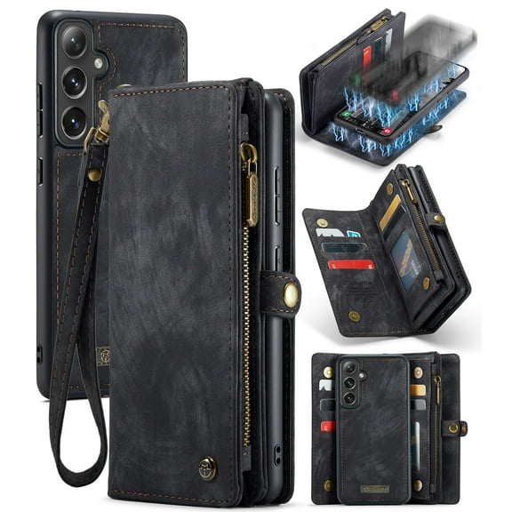 Dteck Wallet Case for Samsung Galaxy S23 FE, Zipper Purse Folio Leather Wallet with Card Holder Wrist Strap Detachable Magnetic Shockproof Protective Back Case for Samsung Galaxy S23 FE 5G, Black