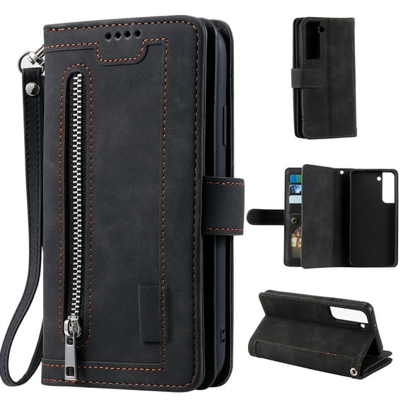 Dteck Wallet Case for Samsung Galaxy S23,Magnetic Handbag Zipper Pocket PU Leather Cover Flip with 9 Card Slots and Wrist Strap Folio TPU Inner Stand Case,Black