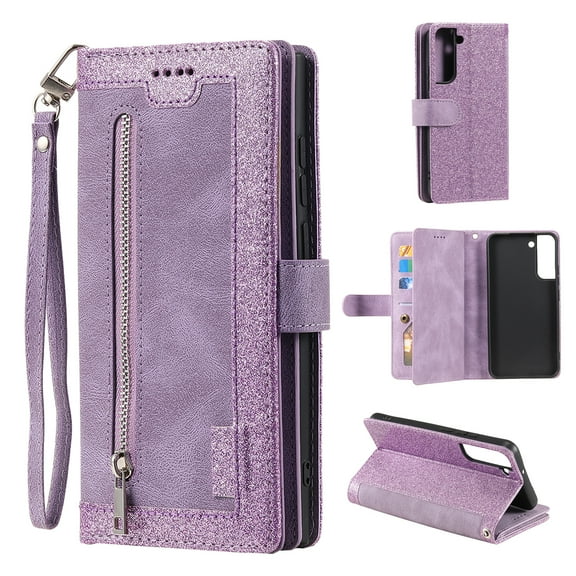 Dteck Wallet Case for Samsung Galaxy S23 Plus,Magnetic Handbag Zipper Pocket PU Leather Cover Flip with 9 Card Slots and Wrist Strap Folio TPU Inner Stand Case,Purple