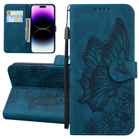 Dteck Wallet Case for Samsung Galaxy S23 Plus, Women Butterfly Embossed PU Leather Stand Card Slots Wrist Strap Flip Folio Cover for Samsung Galaxy S23+/S23 Plus,Blue