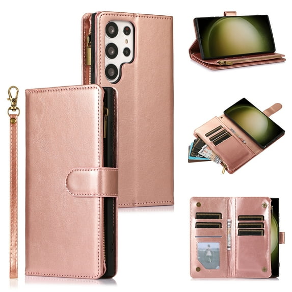 Dteck Wallet Case for Samsung Galaxy S23 Ultra, 9 Card Holder Slots Zipper Pocket Handbag Case Magnetic Closure Kickstand with Wrist Strap TPU Shockproof Flip Case for Samsung S23 Ultra 5G,Rosegold
