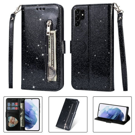 Dteck Wallet Case for Samsung Galaxy S23 Ultra,Bling Glitter 3 Card Slots Leather Credit Holder Magnetic Flip Lanyard Phone Case with Zipper Pocket Wrist Strap Kickstand Cover, Black