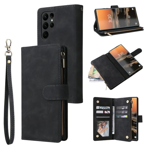 Dteck Wallet Case Samsung Galaxy S23 Ultra ,Premium PU Leather Zipper Flip Folio Wallet with Wrist Strap Magnetic Closure Built-in Kickstand Protective Cover for Galaxy S23 Ultra,Black