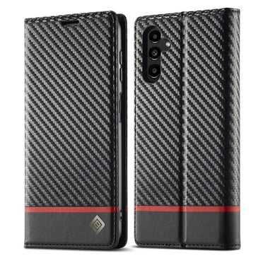 Dteck Wallet Case for Samsung Galaxy S24 FE,Carbon Fiber Textures Premium PU Leather Flip Case with Card Holder Magnetic Closure Protective Cover, Horizontal Red Line