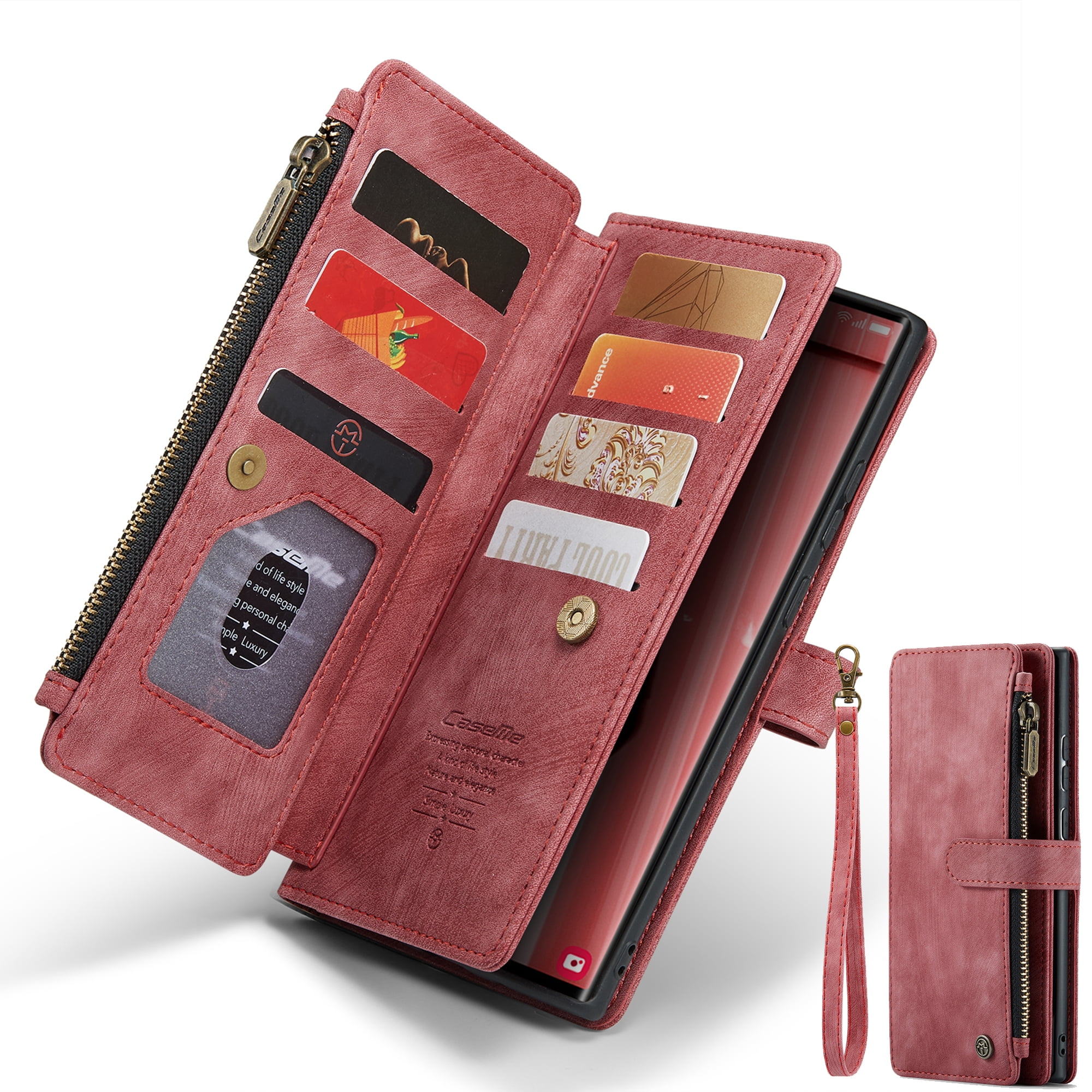Dteck Wallet Case for Samsung Galaxy S24 FE,Magnetic Retro Leather Case Flip Folio Zipper Purse with Card Holder Slot Kickstand Shockproof Phone Cover for Samsung Galaxy S24 FE 5G,Red
