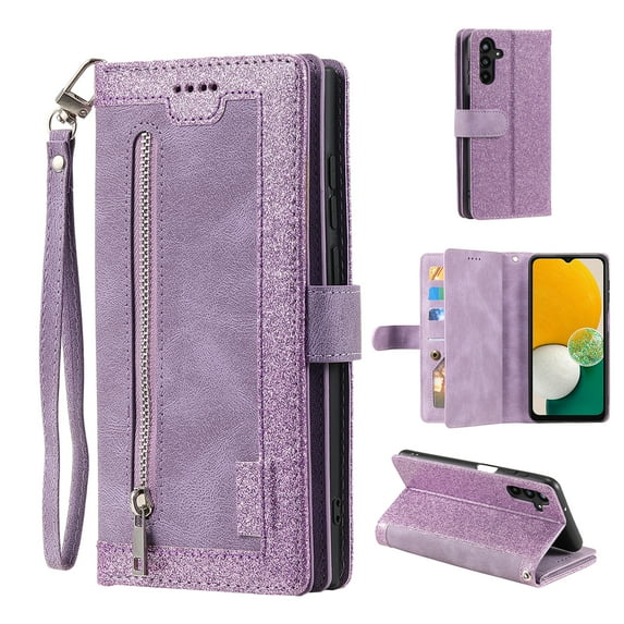 Dteck Wallet Case for Samsung Galaxy S24 FE, Shockproof Zipper Wallet Pocket 9 Card Holder Slots Handbag Case Magnetic Closure Kickstand with Wrist Strap TPU Flip Cover,Purple