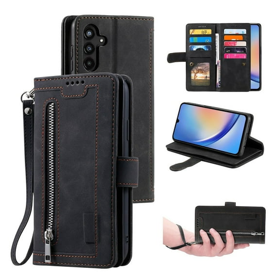 Dteck Wallet Case for Samsung Galaxy S24 Plus, 9 Card Holder Slots Zipper Pocket Handbag Case Magnetic Closure Kickstand with Wrist Strap TPU Shockproof Flip Cover,Black