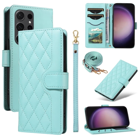 Dteck Wallet Case for Samsung Galaxy S24 Plus with Wrist Strap Shoulder Strap, Shockproof Magnetic Multiple Card Slots Purse PU Leather Stand Phone Cover, Green