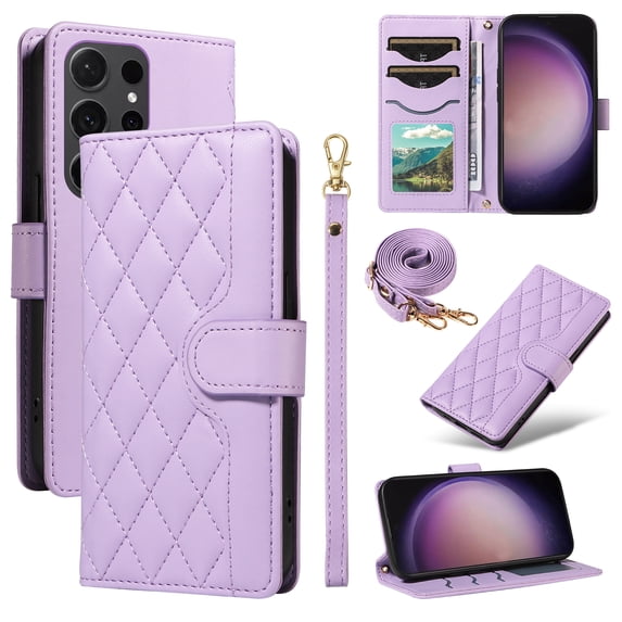 Dteck Wallet Case for Samsung Galaxy S24 Plus with Wrist Strap Shoulder Strap, Shockproof Magnetic Multiple Card Slots Purse PU Leather Stand Phone Cover, Purple