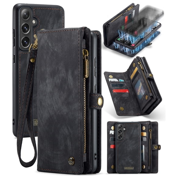 Dteck Wallet Case for Samsung Galaxy S24 Plus, Zipper Purse Folio Leather Wallet with Card Holder Wrist Strap Detachable Magnetic Shockproof Protective Back Case for Samsung Galaxy S24 Plus 5G, Black