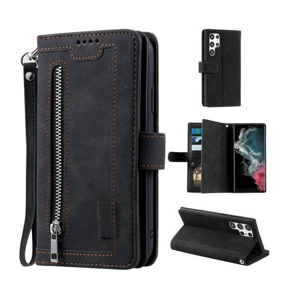 Dteck Wallet Case for Samsung Galaxy S24 Ultra, 9 Card Holder Slots Zipper Pocket Handbag Case Magnetic Closure Kickstand with Wrist Strap TPU Shockproof Flip Cover,Black