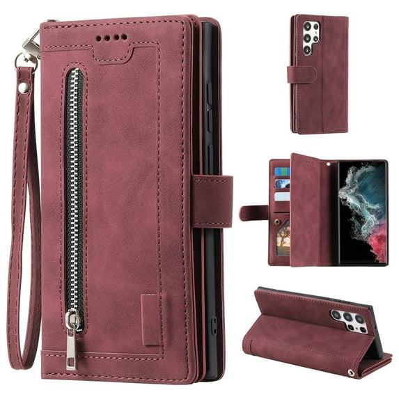 Dteck Wallet Case for Samsung Galaxy S24 Ultra, 9 Card Holder Slots Zipper Pocket Handbag Case Magnetic Closure Kickstand with Wrist Strap TPU Shockproof Flip Cover,Winered