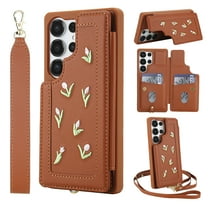 Dteck Wallet Case for Samsung Galaxy S24 Ultra,Magnetic Leather Card Slots Wallet Case Shockproof Rubber Kickstand Back Cover with Detachable Shoulder Strap/Wrist Strap,Brown