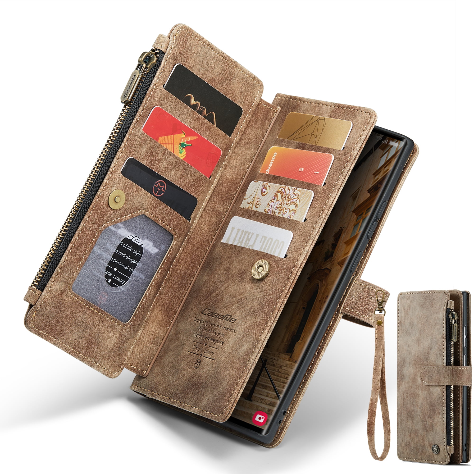 Dteck Wallet Case for Samsung Galaxy S24 Ultra,Magnetic Retro Leather Case Flip Folio Zipper Purse with Card Holder Slot Kickstand Shockproof Phone Cover for Samsung Galaxy S24 Ultra 5G,Brown