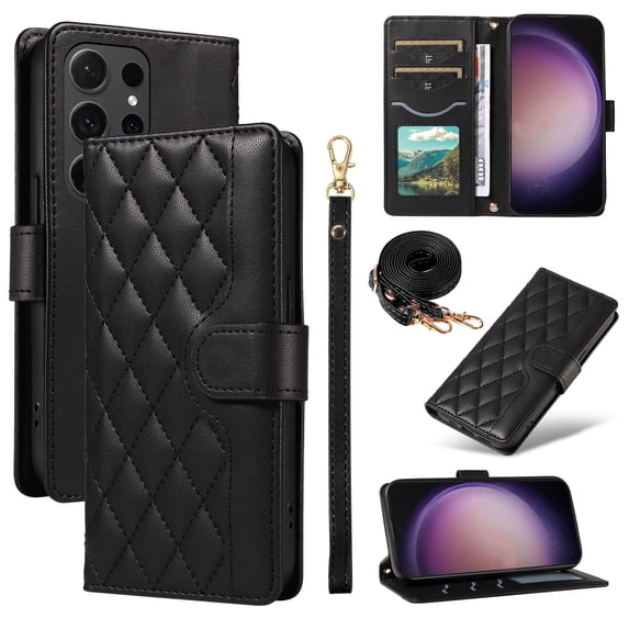 Dteck Wallet Case for Samsung Galaxy S24 Ultra with Wrist Strap Shoulder Strap, Shockproof Magnetic Multiple Card Slots Purse PU Leather Stand Phone Cover, Black
