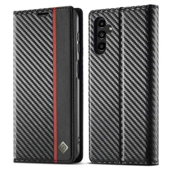 Dteck Wallet Case for Samsung Galaxy S25,Carbon Fiber Textures Premium PU Leather Flip Case with Card Holder Magnetic Closure Protective Cover,Vertical Red Line
