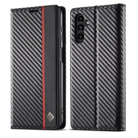 Dteck Wallet Case for Samsung Galaxy S25,Carbon Fiber Textures Premium PU Leather Flip Case with Card Holder Magnetic Closure Protective Cover,Vertical Red Line