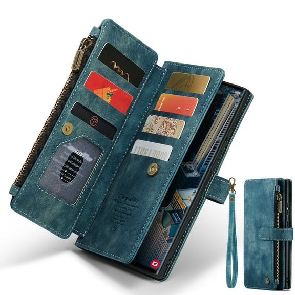 Dteck Wallet Case for Samsung Galaxy S25,Magnetic Retro Leather Case Flip Folio Zipper Purse with Card Holder Slot Kickstand Shockproof Phone Cover for Samsung Galaxy S25 5G,Blue