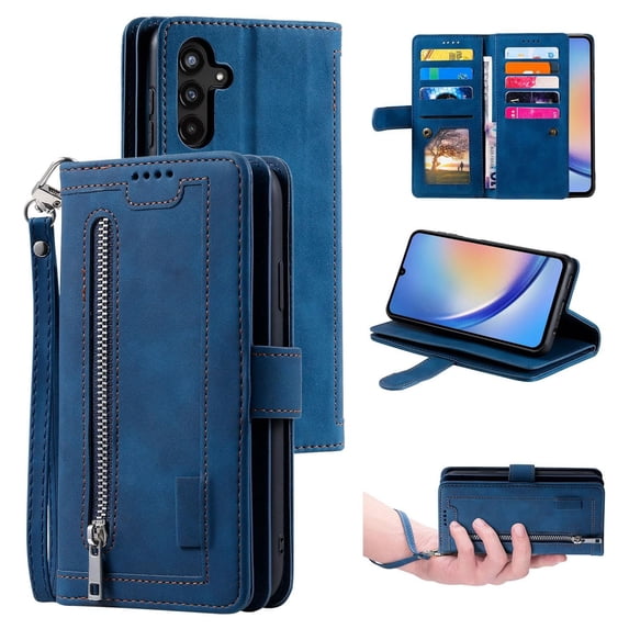 Dteck Wallet Case for Samsung Galaxy S25 Plus, Shockproof Zipper Wallet Pocket 9 Card Holder Slots Handbag Case Magnetic Closure Kickstand with Wrist Strap TPU Flip Cover, Darkblue