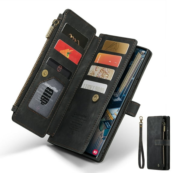 Dteck Wallet Case for Samsung Galaxy S25 Ultra,Magnetic Retro Leather Case Flip Folio Zipper Purse with Card Holder Slot Kickstand Shockproof Phone Cover for Samsung Galaxy S25 Ultra 5G,Black