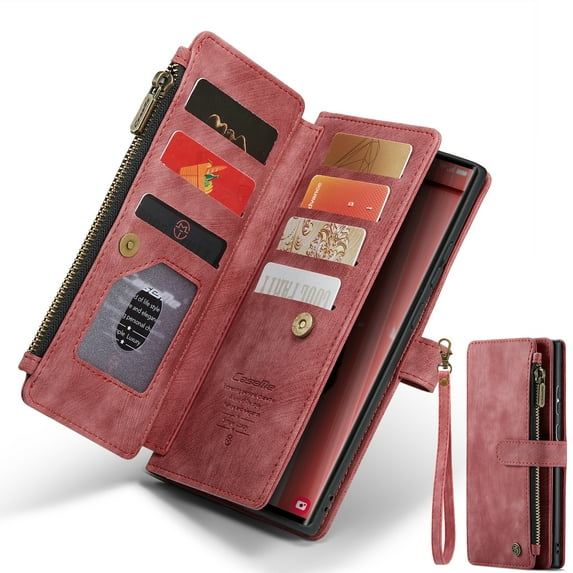 Dteck Wallet Case for Samsung Galaxy S25 Ultra,Magnetic Retro Leather Case Flip Folio Zipper Purse with Card Holder Slot Kickstand Shockproof Phone Cover for Samsung Galaxy S25 Ultra 5G,Red