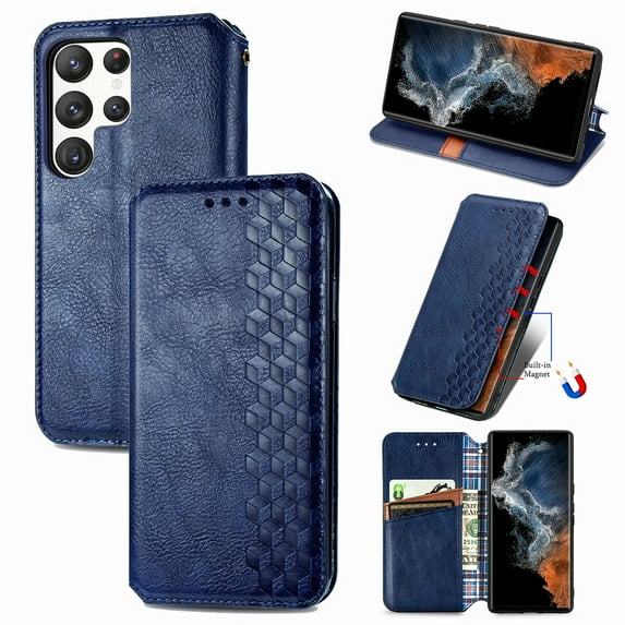Dteck Wallet Case For Samsung Galaxy S25 Ultra, Shockproof Premium PU Leather Flip Folio Case RFID Blocking Card Slots Magnetic Closure and Stand Business Case, Blue