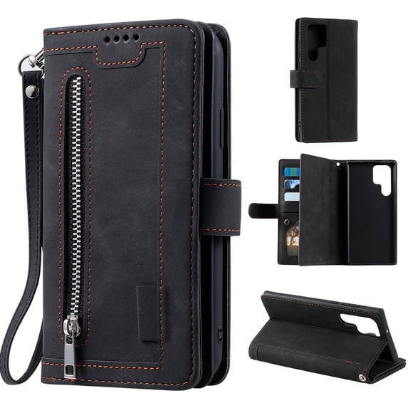 Dteck Wallet Case for Samsung Galaxy S25 Ultra, Shockproof Zipper Wallet Pocket 9 Card Holder Slots Handbag Case Magnetic Closure Kickstand with Wrist Strap TPU Flip Cover,Black