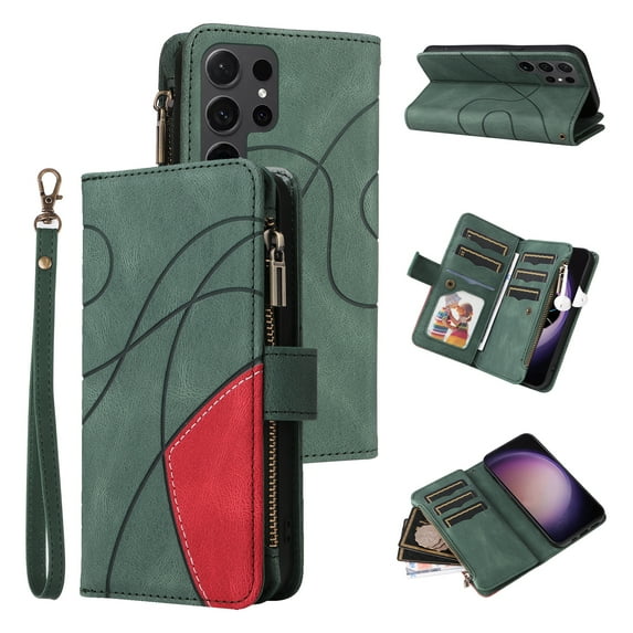 Dteck Wallet Case for Samsung Galaxy S25 Ultra, Vintage Premium PU Leather Cover Flip Case with 9 Card Slots Magnetic Closure Zipper Pocket Kickstand Handbag with Hand Strap, Green