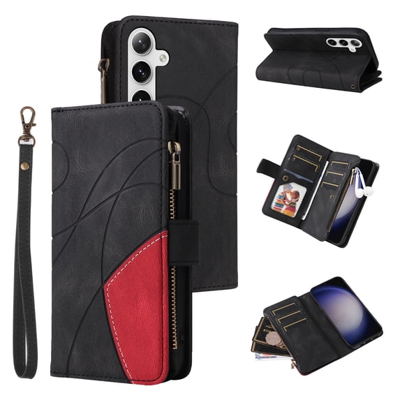 Dteck Wallet Case for Samsung Galaxy S25, Vintage Premium PU Leather Cover Flip Case with 9 Card Slots Magnetic Closure Zipper Pocket Kickstand Handbag with Hand Strap, Black