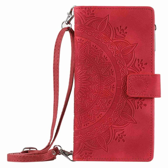 Dteck Wallet Case for Samsung Galaxy S9 Plus, Embossed Floral Case Crossbody Strap for Women & Men Magnetic Closure Wallet Card Holder Flip Stand Shockproof Protective Cover, red