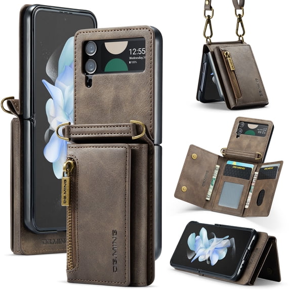 Dteck Wallet Case For Samsung Galaxy Z Flip 4, Magnetic Leather Zipper Wallet with RFID Blocking Card Holder Slots Shockproof PC Stand Cover With Shoulder Strap,Coffee