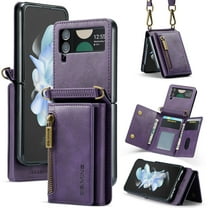 Dteck Wallet Case For Samsung Galaxy Z Flip 4, Magnetic Leather Zipper Wallet with RFID Blocking Card Holder Slots Shockproof PC Stand Cover With Shoulder Strap,Purple