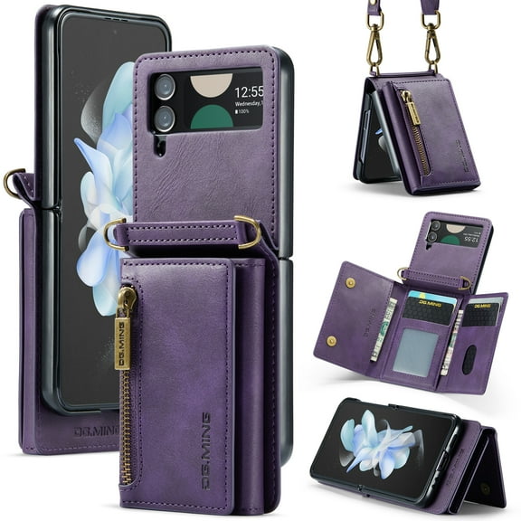 Dteck Wallet Case For Samsung Galaxy Z Flip 4, Magnetic Leather Zipper Wallet with RFID Blocking Card Holder Slots Shockproof PC Stand Cover With Shoulder Strap,Purple