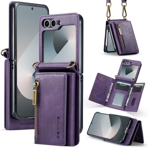 Dteck Wallet Case For Samsung Galaxy Z Flip 6, Magnetic Leather Zipper Wallet with RFID Blocking Card Holder Slots Shockproof PC Stand Cover With Shoulder Strap,Purple