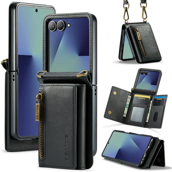 Dteck Wallet Case For Samsung Galaxy Z Flip 7, Magnetic Leather Zipper Wallet with RFID Blocking Card Holder Slots Shockproof PC Stand Cover With Shoulder Strap,Black