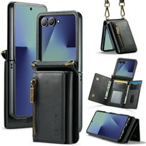 Dteck Wallet Case For Samsung Galaxy Z Flip 7, Magnetic Leather Zipper Wallet with RFID Blocking Card Holder Slots Shockproof PC Stand Cover With Shoulder Strap,Black