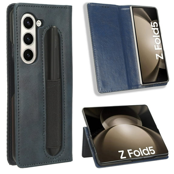 Dteck Wallet Case for Samsung Galaxy Z Fold 5 5G, Shockproof PU Leather Flip Folio Card Slots RFID Blocking with S Pen Holder Kickstand Phone Cover 7.6 Inch for Galaxy Z Fold5 5G (2023),Blue