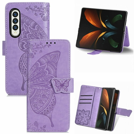 Dteck Wallet Case for Samsung Galaxy Z Fold4,Shockproof Butterfly Pattern PU Leather Flip Case with Magnetic Clasp and Cash Card Holder Kickstand Cover for Samsung Galaxy Z Fold4 5G,Lightpurple