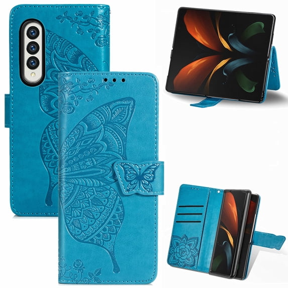 Dteck Wallet Case for Samsung Galaxy Z Fold4,Shockproof Butterfly Pattern PU Leather Flip Case with Magnetic Clasp and Cash Card Slots Holder Kickstand Cover for Samsung Galaxy Z Fold4 5G,Blue