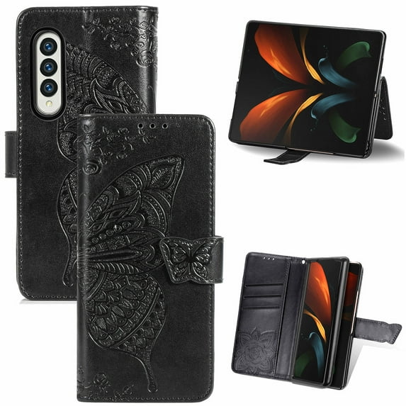 Dteck Wallet Case for Samsung Galaxy Z Fold4,Shockproof Butterfly Pattern PU Leather Flip Case with Magnetic Clasp and Cash Card Slots Holder Kickstand Cover for Samsung Galaxy Z Fold4 5G,Black