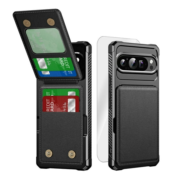 Dteck Wallet Case with Tempered Glass Screen Protector for Google Pixel 9 / 9 Pro,Magnetic Leather Card Slots Case Shockproof Flip Rubber Stand Cover,Black