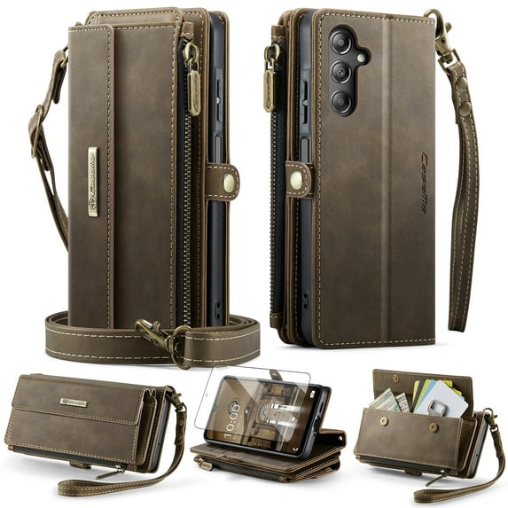 Dteck Wallet Case with Tempered Glass Screen Protector for Samsung Galaxy A15 5G,Magnetic Leather RFID Blocking Card Slots Case Stand Bag Cover with Crossbody and Wrist Strap for Women Girls,Coffee